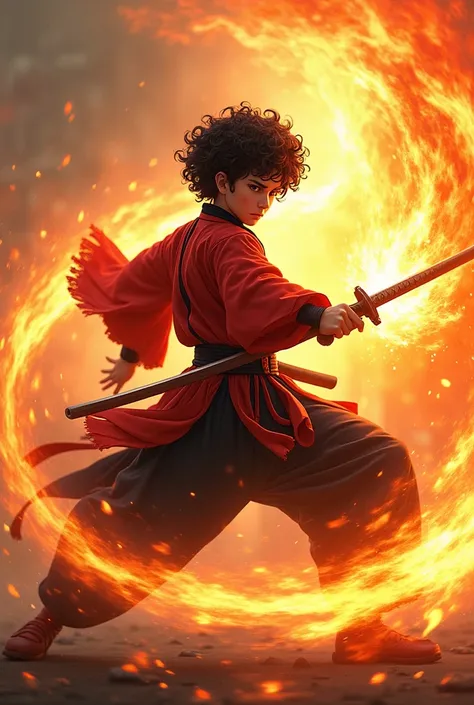 "Image of a young fighter with a sword in hand, wearing a red and black haori, performing the Flame Breathing First Form stance, with an intense expression of focus. His dark, curly hair is moving with the wind as a large wave of fire surrounds his body, r...