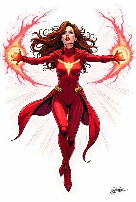 Illustration, comics  ,  comics are exaggerated in detail,  multicolor linear drawing on a white background, Angelina jolie as Scarlet witch , fly