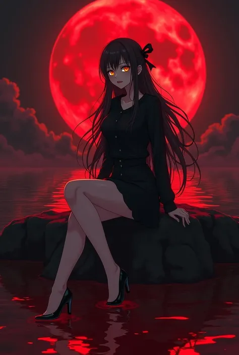 highly detailed, full-body anime female character, long black hair with a black bow at the back, fair skin, yellow eyes, smiling, black shirt, black skirt, black high heels, 1.78m tall, sitting in a dark black sea of blood, red moon in the background, yout...