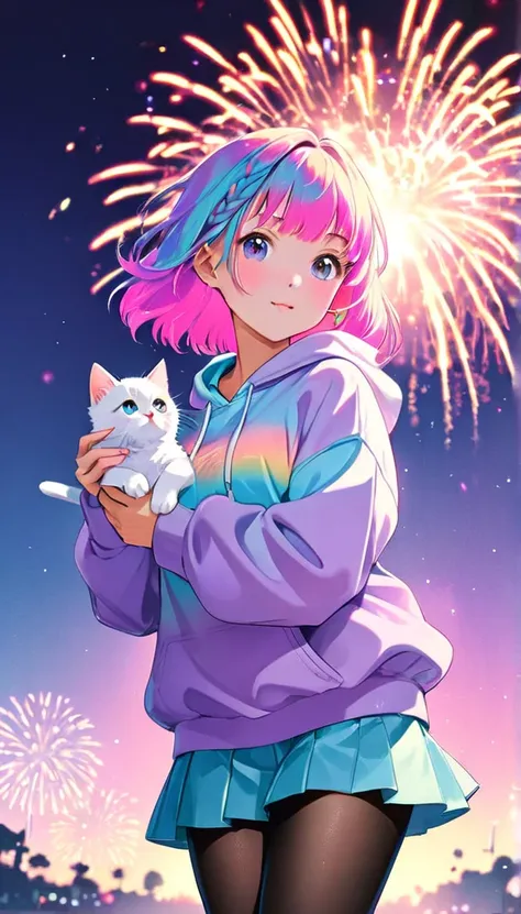  the prettiest girl in the world、( best quality:1.2,  Very detailed, Latest,  vibrant ,  High Contrast , masterpiece:1.2,  best quality,  best aesthetics),  girl, (( Poses holding a cute kitten :1.4)),  colorful hair,Short bob ponytail with braids ,  paste...