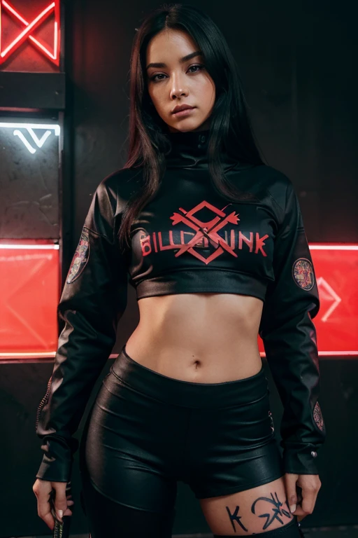 mulher latina, blue eyes, loose dark hair ,  dressed in a tight ninja outfit in black , holding a katana,  on the clothes an emblem with the initials MV and another emblem with the initial R.
In the background, a cyberpunk scene ,  and written TXC in bold ...