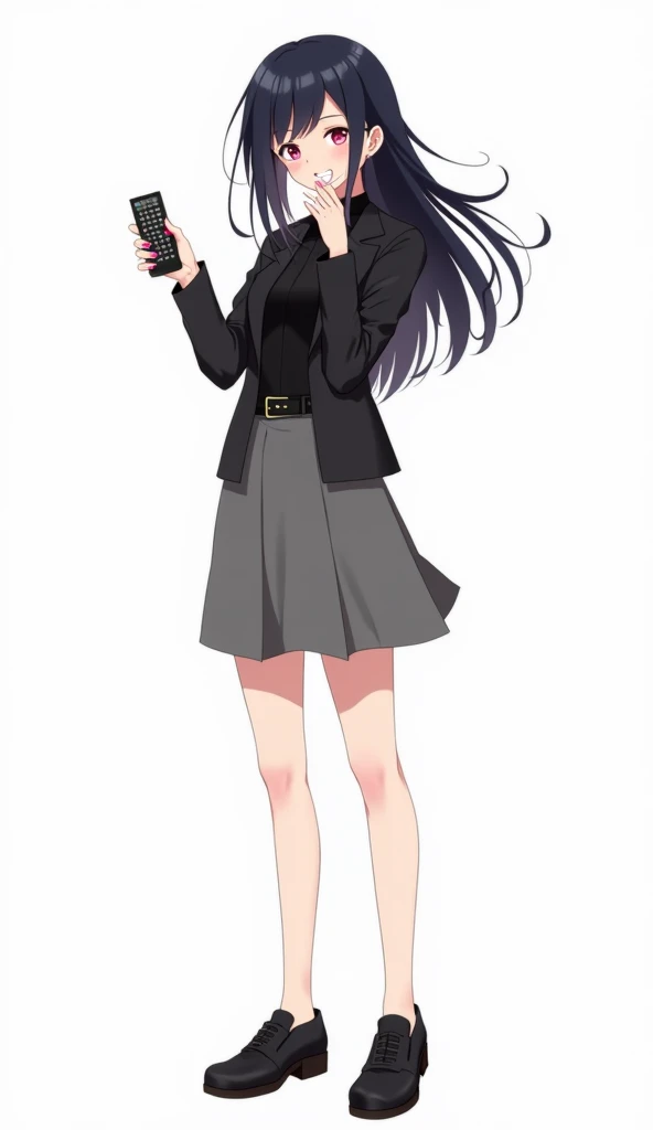 Teenage woman looking forward and black hair standing in front and her legs and wearing black leather shoes and gray knee-high socks and long sleeve leather t-shirt with pink nails gray skirt anime image with a remote control black television white backgro...