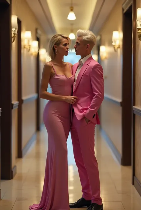 A realistic full picture, a single mother, a blonde, a very tall blonde, wearing an evening dress, tight, wide hips, a slim waist, and a big chest. Her son, 18 years old, stands next to her. The boy is gay, wears a pink evening suit and a half sleeve. He h...