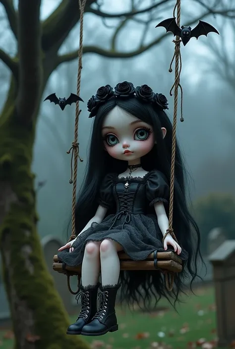 Lowbrow art, Create a hauntingly enchanting gothic doll-like character sitting on a vintage swing suspended from twisted, leafless tree branches. The doll has pale, porcelain-like skin, oversized dark eyes, and a melancholic yet mysterious expression. Her ...