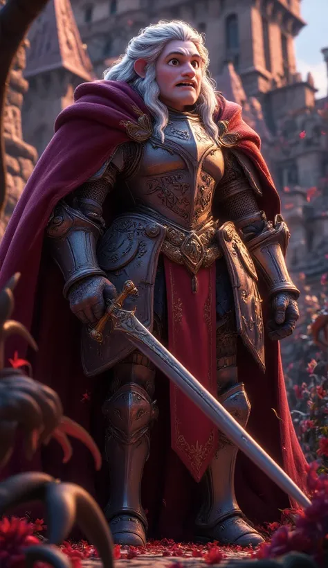 A long-haired male albino knight, Wearing heavy armor，Wearing a red hood，Holding a long sword