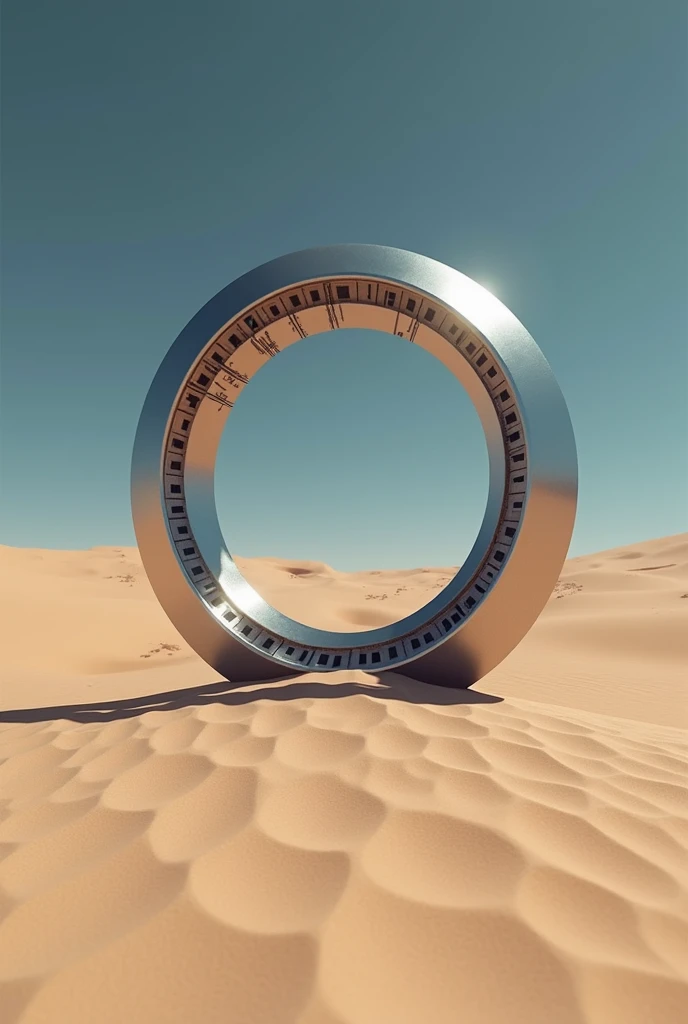 A close up of a circular object in a desert area. futurist