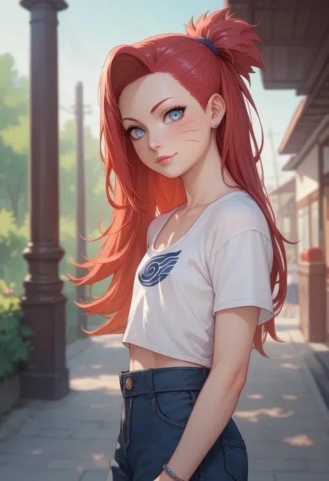 Kushina Uzumaki (Naruto) with long red hair and large navy blue eyes. White pale skin. Loli flat chest with casual outfit.