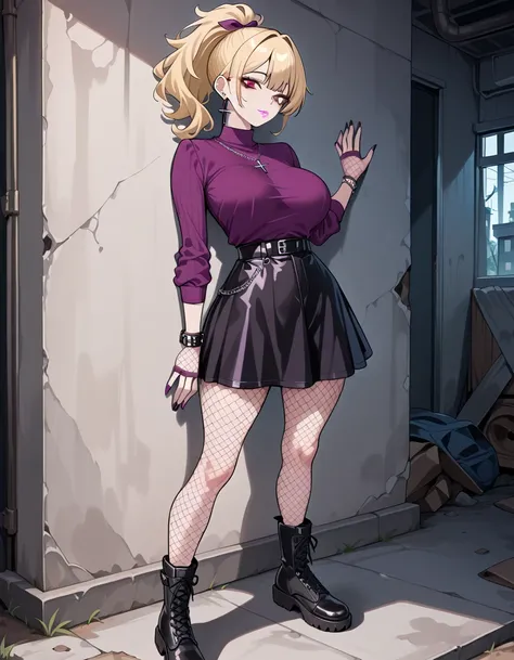 1girl, solo, masterpiece, best quality, (anime art style:1.0), long blonde hair, high ponytail, soft pink lips, cross earrings, dark makeup, light makeup, round breasts, long sleeves frilly purple top, short black skirt with purple ribbons on it, black chu...