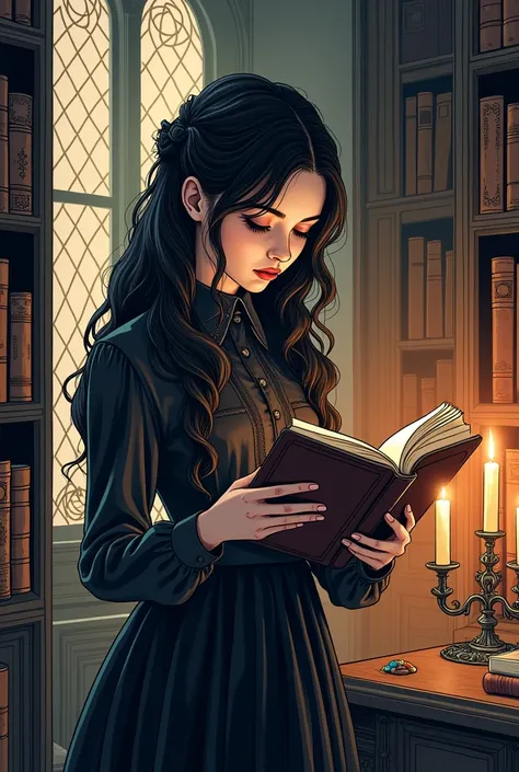 A gothic girl reading an old book in a candlelit library, her expression focused and mysterious. Clean and simple line art."As a coloring book、Simple Line、 no grayscale 、 without shading、 cute、Simple lines, standing in the shadows with a clear line 、 digit...