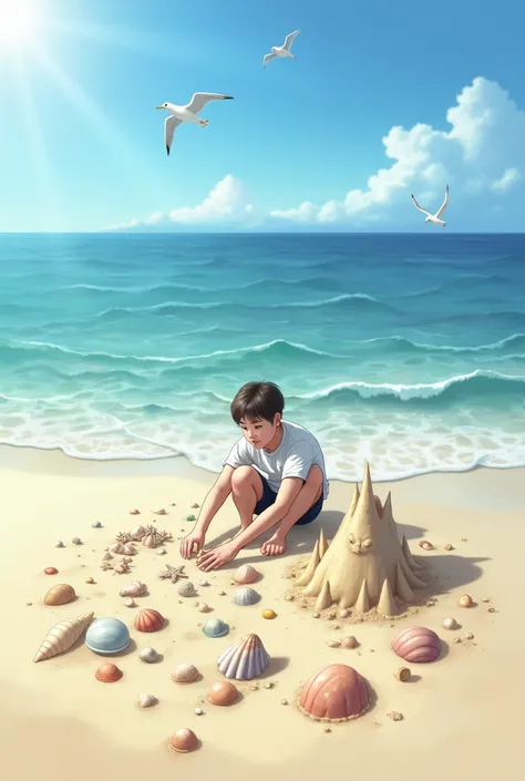 a sea with ren on the shore collecting shells and making a sand castle 