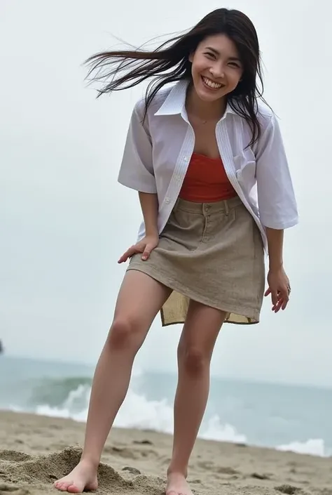   low angle shot  、  forward leaning position、  open shirt  、No underwear clothes  、  skirt flips in strong wind、  one girl 、barefoot、  beach  、smile