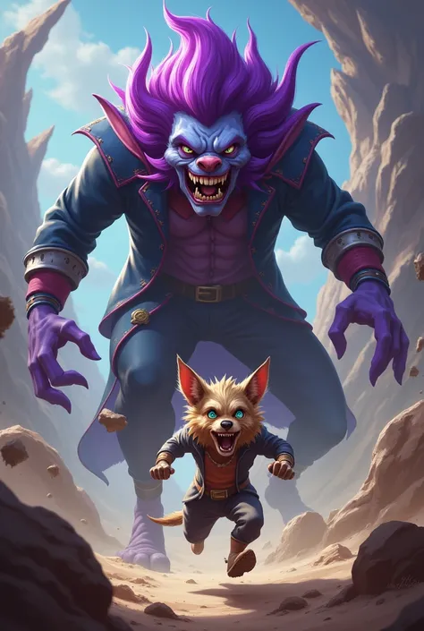 Draw Lulu from League of Legends
And Nasus also from League of Legends ,  make him cry and run away from Lulu who is gigantic and laughing with a macabre face