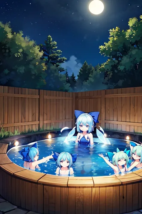 A large group of Cirno in the open-air bath at night