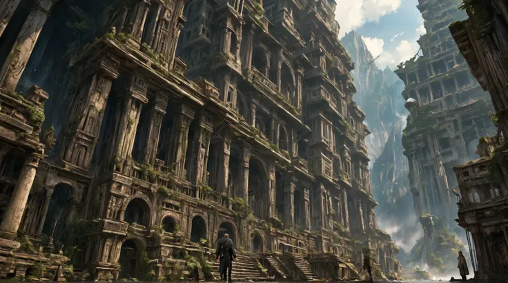 background((inside ancient city((futuristic:1.3), ruin,elaborate,mysterious , dark, (supernatural:1.5)):1.4)), very realistic portrayal, (dynamic angle:1.4).screenshot of movie, great advertisement poster, (landscape:1.3). focus on ancient city. BREAK .(so...