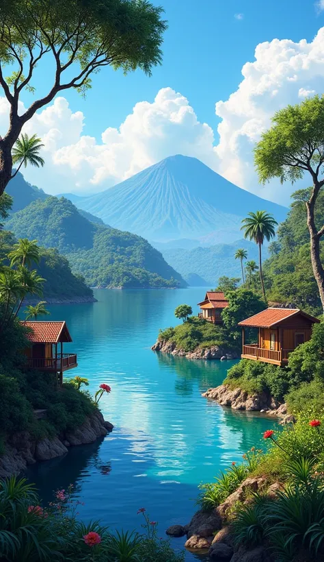 landscape, landscaping, Guatemala, lake Aitlan, little houses, COLORS, Volcanoes, lake, trees,  anatomy,  award-winning art. blue sky, cloudy, 