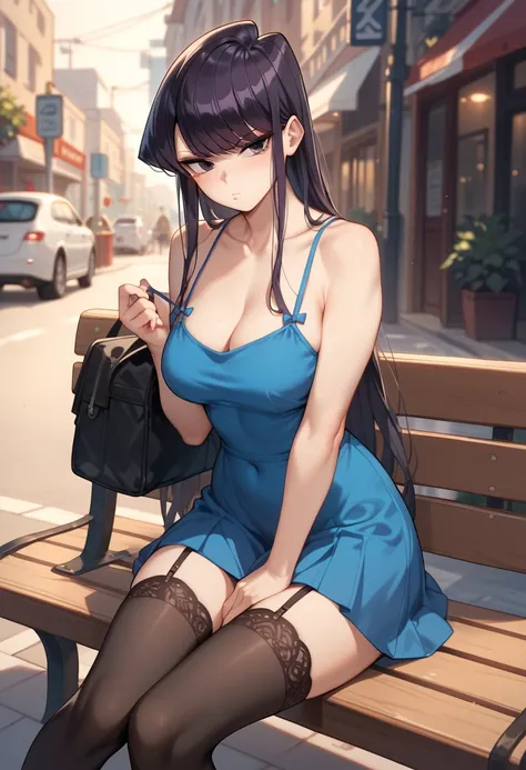 Komi Shouko wearing a blue mini-dress and black stockings, pretty, curvy, long black hair, fair skin, annoyed, stoic, sitting on a street bench, alone, at dusk, drawn in an anime style