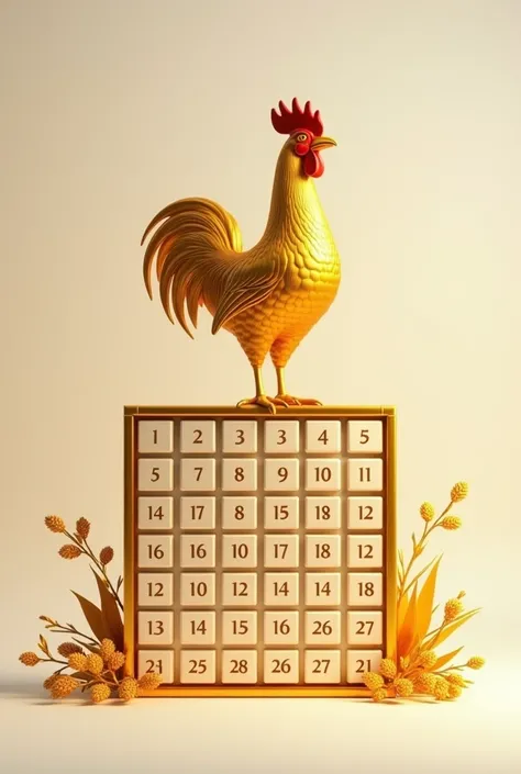 Create a 10x10 board with the numbers from 1 to 100 and place a golden rooster pointing at the number board 
