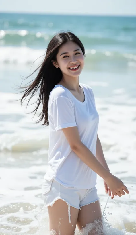 Photo of Asian woman walking in waves on the beach, long black hair blowing in the wind, laughing at viewer, water splashing, bright sunlight, wearing a white t-shirt, white shorts. High dynamic range, bright and rich details, clear shadows and highlights,...