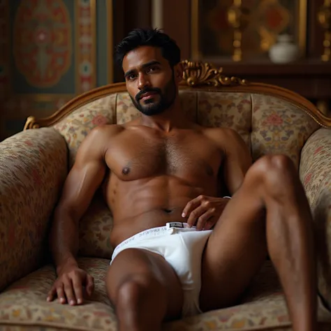 a nude indian man, lying on a sofa in a royal palace, wearing white briefs, , showing off his sexy thighs and huge penis, open legs up, touching his inner thigh and dick , front view with detailed eyes, blushing face, seductive smile, photorealistic, maste...