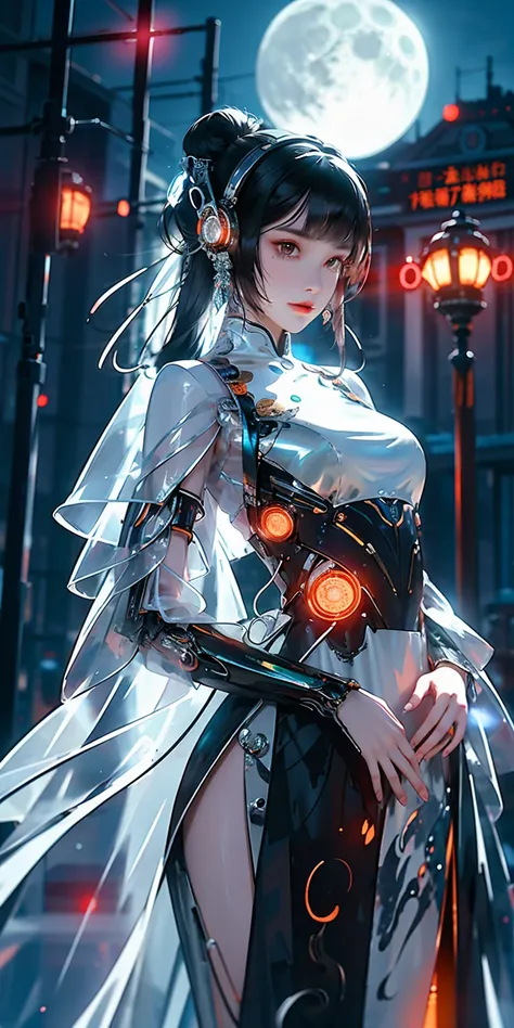  1 girl, Chinese_clothing, liquid silver and orange, Cyberhan, Long gown,  cyberpunk city,  dynamic posture,  delicate glowing headphones , Glowing Hair Accessories,  long hair, Luminous earringss, Glowing necklace,  cyberpunk,  high-tech city, full of mec...