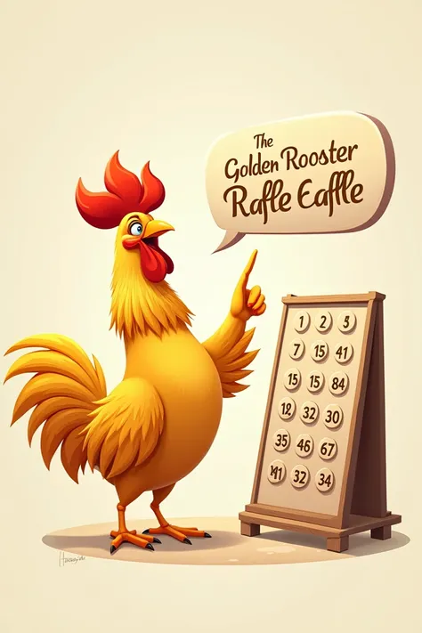 Create a number board from 1 to 100 with a golden rooster pointing at the board and saying the golden rooster raffle in a cloud of dialogue