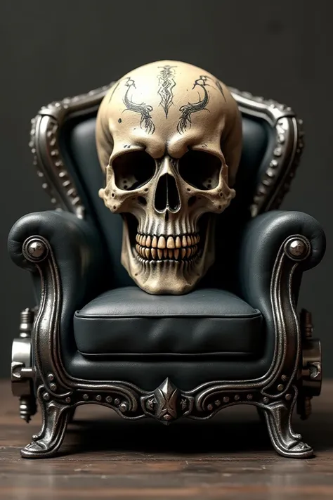 A biker skull sitting on a motorcycle-shaped armchair