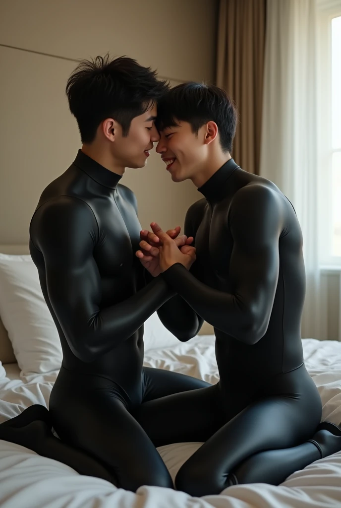 two muscular young japanese men in a high neck black zentai suit, kneeling with another young man in a similar suit, both with short hairstyles, on the bed, their athletic physiques and shiny suits emphasized, the scene conveying a fun, innocent and slight...