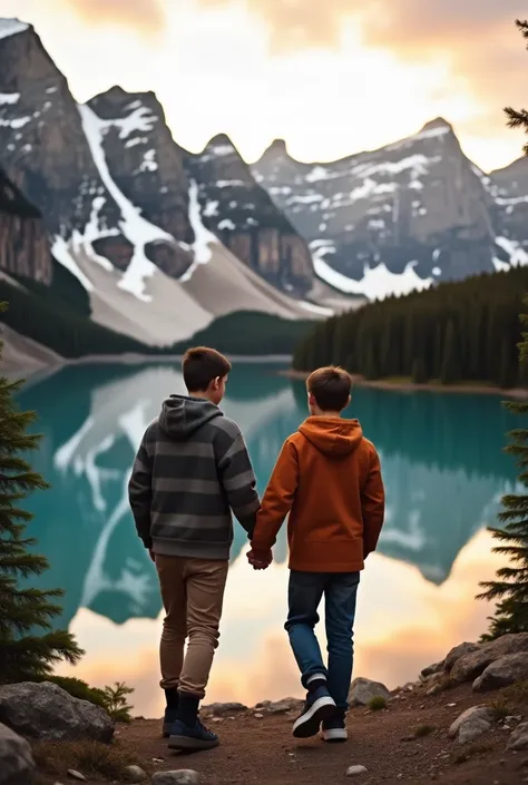 "Two boys holding hands, walking together toward the horizon. They are alone in a serene landscape near a lake surrounded by majestic mountains, with snow-capped peaks and crystal-clear reflections on the water. The setting exudes tranquility and connectio...