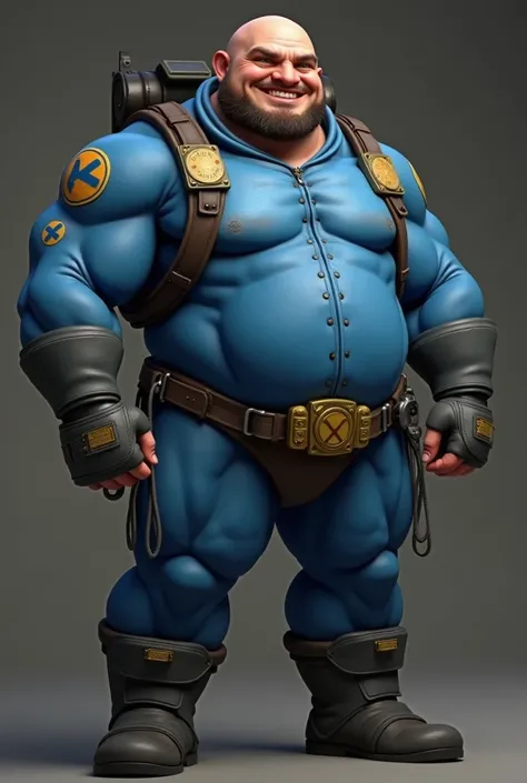 A muscular man, bald and smiling, A little ugly, wearing a blue shelter suit from the Fallout saga, and A little ugly, A little younger, Like in your 20s and fatter, short beard, fat, big belly, huge body, muscular giant