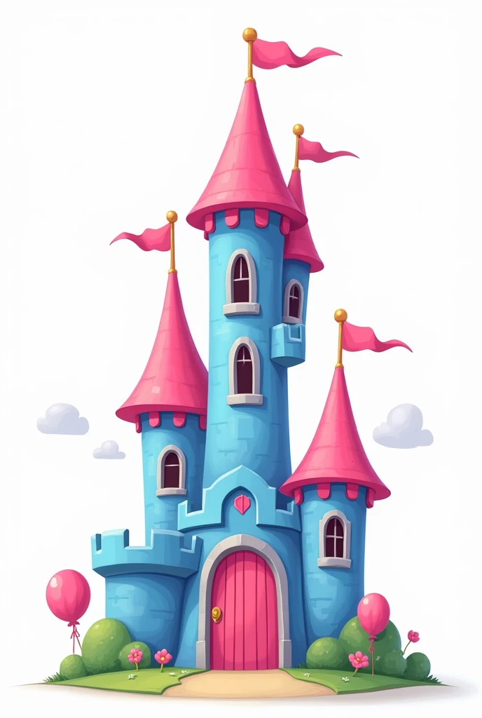 Draw a cartoon castle with pink and blue color and vertically long and with a tall big gate in the middle with white background and no trees and flowers and no balloons around