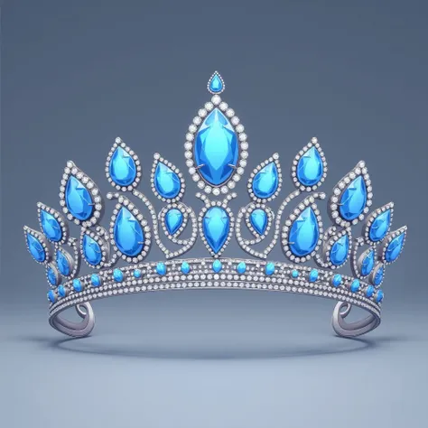 An animated illustration-style depiction of a luxurious headpiece crafted from shimmering silver or platinum, featuring an intricate lace design adorned with teardrop-shaped and oval blue gemstones in various sizes. Each gemstone is encircled by delicate w...