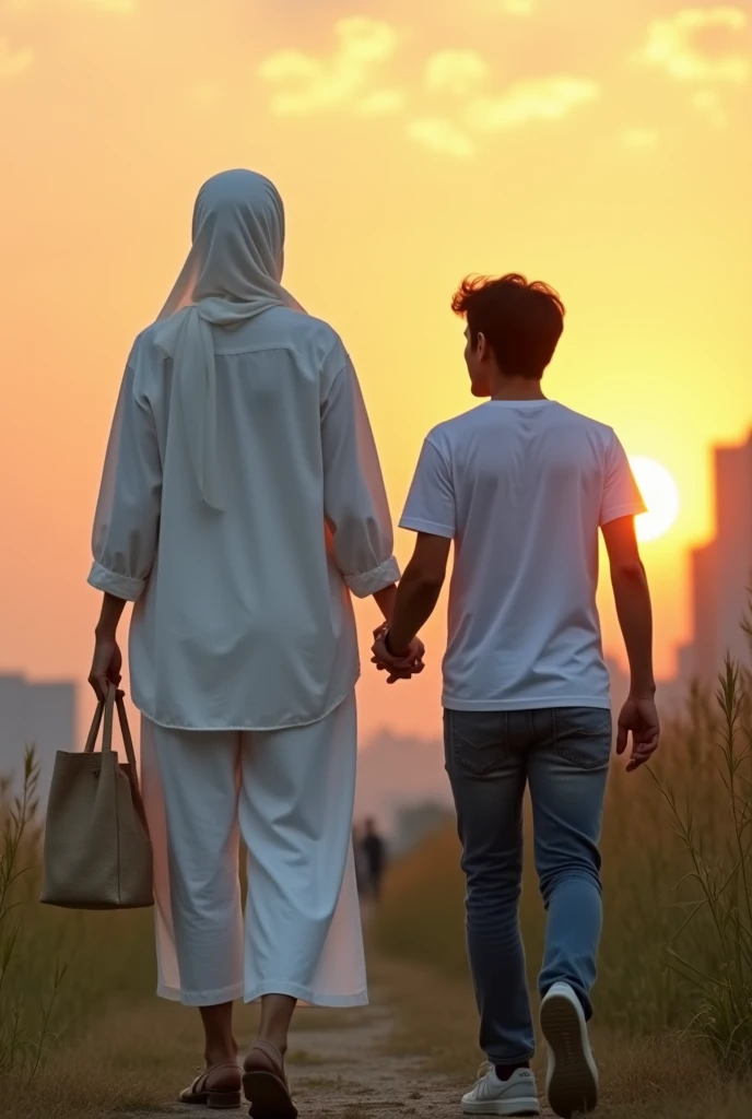 An Indonesian woman is wearing white hijab, white long sleeved loose top, white low waisted culottes, and wooden sandals. The woman has a tall, huge and muscular posture. The woman is carrying a light brown cloth bag by her left hand. The woman is walking ...