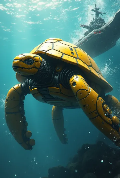 turtle, yellow, impressive , robot, battleship, in water, cool 