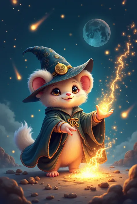 Make me a cute ramster who is a sorcerer and is combining meteor magic towards Earth