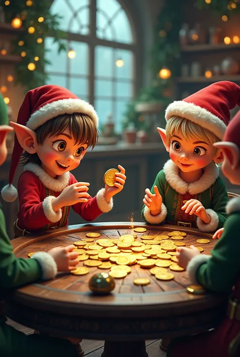 3D image of comics with Christmas atmosphere of elves making bets with gold coins around