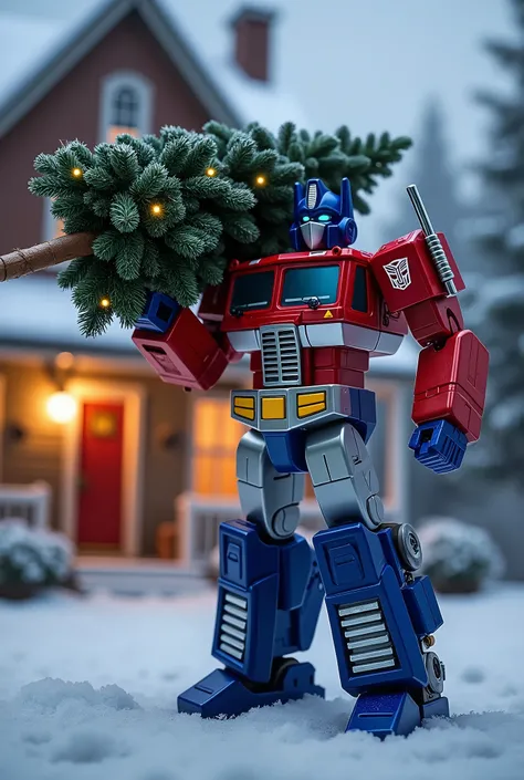 Carrying on Hand, Transformers masterpiece, Optimus Prime is arm hand, Autobots, Christmas Tree, House, background snow