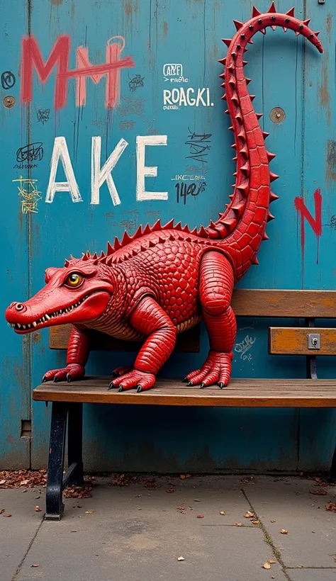 Obra de arte. abstract art.  Mixed media .  Mashe paper , oil,  ordinary painting ,  brushstroke ,  eclectic ,  is a vermilion red crocodile,  yellow eyes .  With spikes on the back .  Walking on a bench .  Blue wall with graffiti .  post-punk  .   Bansky ...