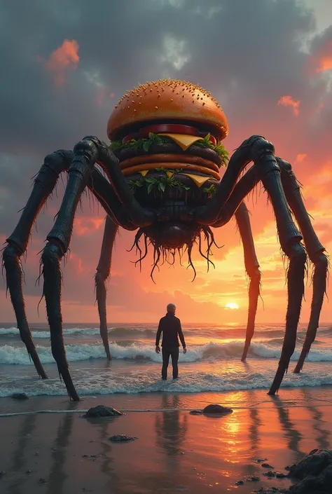 
a hamburger spider watching the sunset over the sea on a canvas