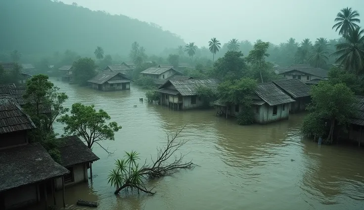 চারিধিকে বন্যার পানি গ্রামের বাড়ি ঘর গুলো বন্যার পানিতে ডুবে গেছে। গাছ পালা পানিতে মনে হচ্ছে ভাসছে
কোনো মানুষ নাই এলাকায়। ইন্ডিয়ান 