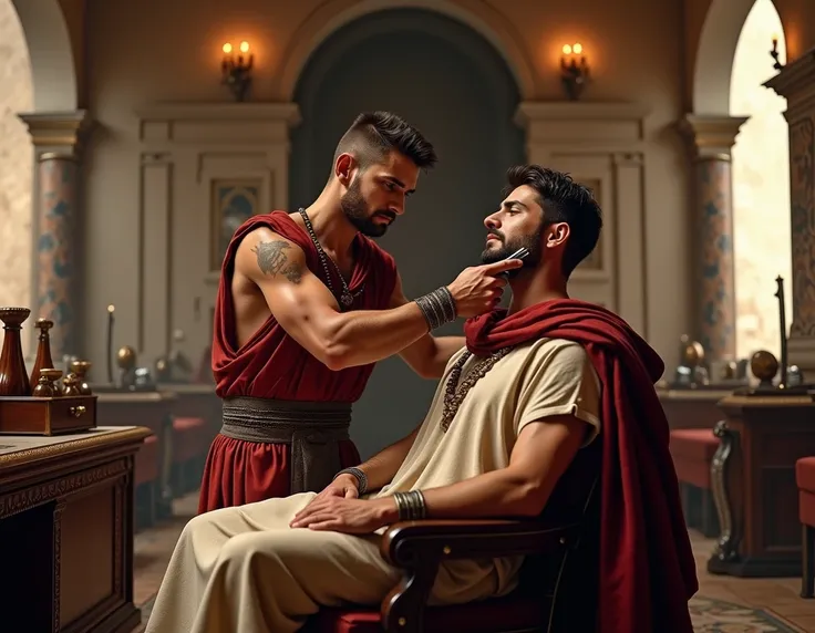  A Roman warrior seated in a barbershop chair ,  wearing a casual toga from the time ,  with a cape slightly dropped over his shoulders . The barber,  also dressed in typical clothes of Ancient Rome ,  holds a razor while shaving the warrior carefully .  T...