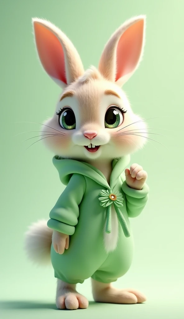 Rabbit wearing a pastel-colored green costume，solo,  high definition ,  simple background,  top quality,  Big Sparkling Eyes ,How to stand like a human 、 looks back , Raise the corners of your mouth and smile slightly、
