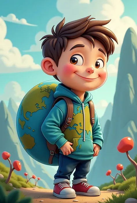 30-year-old cartoon with backpack on his back in the shape of planet Earth