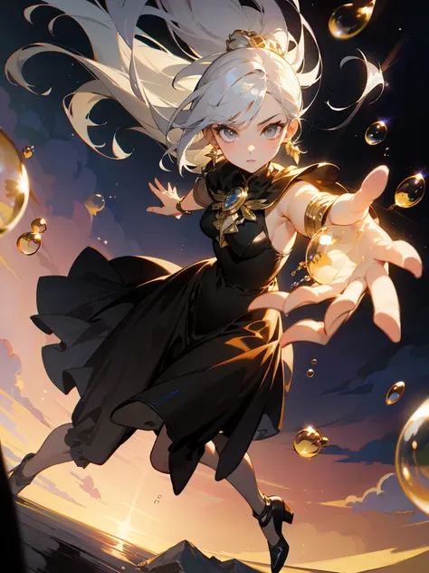 1 adult, masterpiece, best quality, woman, looks at viewer, ((her touching a bubble)), in-universe, wearing a black dress, gold details, ((looking pretty)), ((very confident)), white hair, silver eyes, long straight hair, many bubbles around, beautiful bod...