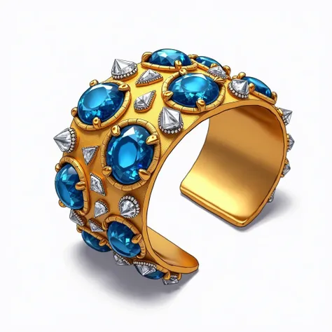 An animated illustration-style depiction of a bold bracelet crafted from gleaming gold, featuring a wide and open-ended design for ease of wear. The surface is adorned with an eclectic combination of gemstones, including vibrant blue sapphires, clear cryst...