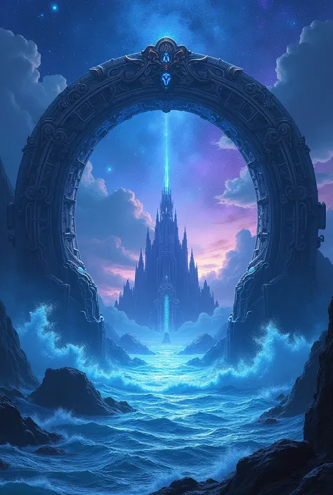 " Epic fantasy illustration depicting a huge circular gate with intricate and intricate designs glow,  overlooking the vast ocean landscape under the starry sky . In the center of the gate ,  there is a huge structure resembling a mysterious castle with li...