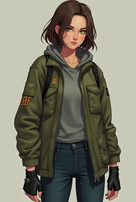  Occupation :  Survivor
 Appearance :  A young woman with shoulder-length brown hair and striking green eyes .  Her features are sharp but beautiful ,  with a touch of vulnerability masked by a hardened exterior .  She has an average height with an agile a...