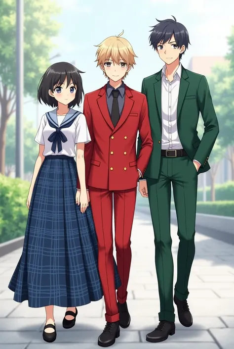 Anime boy in a long Blue Plaid Skirt and Short Sleeve Uniform top with an anime boy in Solid red pants and Red jacket and another boy in a solid green suit