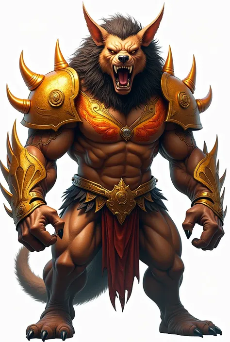 The image is a digital illustration featuring a mythological creature with a muscular humanoid body and an animal-like face. The creature had a fierce expression with sharp fangs and a wide open mouth, signaling a roar. His skin is light brown, and he has ...