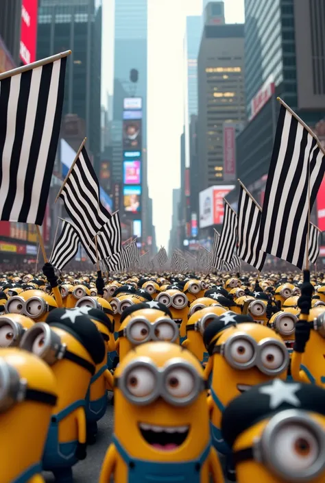 Many Minions ,  are all happily carrying black and white striped flags in the middle of the city ,  and all are wearing vertically striped shirts in black and white and black caps with a white star witnessed by many in the middle of the big city