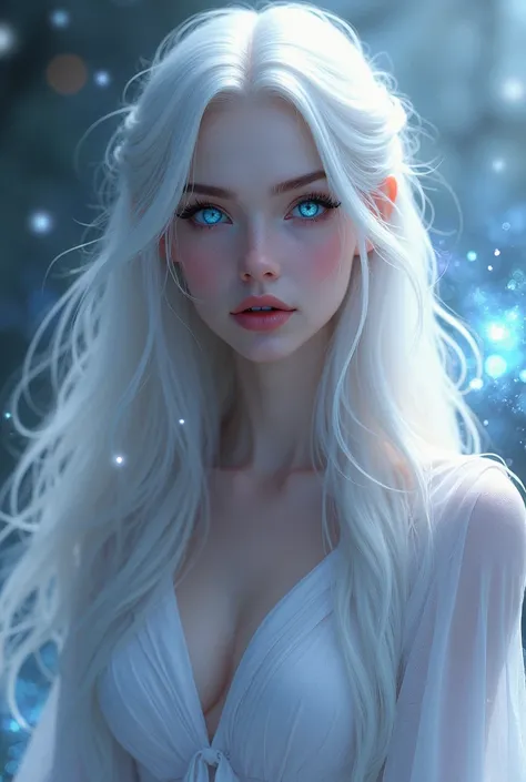 A mystical woman with long white hair and snow-white skin, blue and violet eyes and tall 高解像度, 